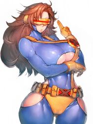  ass_visible_through_thighs belt blue_bodysuit bodysuit breasts brown_hair cameltoe clothing_cutout curvy cyclops_(x-men) female fumio_(rsqkr) genderswap_(mtf) gloves hands_up head-mounted_display highres hip_vent huge_breasts long_hair marvel narrow_waist revealing_clothes rule_63 simple_background skin_tight solo thick_thighs thigh_gap thighs toned underboob underboob_cutout uniform wide_hips x x-men yellow_gloves 