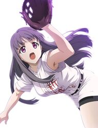  armpits baseball baseball_bat baseball_jersey baseball_mitt baseball_uniform belt bike_shorts bike_shorts_under_shorts breasts clothes_writing female fujiwara_risa gloves helmet highres jersey kikuta_kouichi large_breasts long_hair official_art open_mouth outstretched_arms purple_eyes purple_hair short_sleeves shorts simple_background sportswear sweat tamayomi thighs uniform white_background 