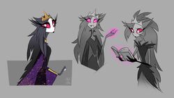  16:9 aged_up anthro avian bird book clothing crown demon dress feathers female grey_background headgear helluva_boss magic magic_aura octavia_(helluva_boss) owl satorrotas simple_background solo widescreen 