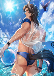  1boy absurdres animal_ears arknights ass ball bara bird blue_male_swimwear blue_sky brown_eyes brown_hair clenched_butt cloud cow_boy cow_ears cow_horns eagle feet_out_of_frame from_behind from_below highres holding holding_surfboard horns looking_at_viewer looking_back male_focus male_swimwear matterhorn_(arknights) matterhorn_(beach_guard)_(arknights) official_alternate_costume outdoors see-through see-through_swimsuit shanguier sky solo surfboard swimsuit thighs toned toned_male volleyball volleyball_(object) water wet wet_clothes 