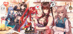  +_+ 5girls adjusting_eyewear ahoge animal_ears baking balloon belt blue_eyes blue_hair blue_serafuku bolo_tie bow bowl box braid breasts brown_hair calendar_(object) cat_ears chain_belt china_dress chinese_clothes chocolate chocolate_making choker cleavage collared_shirt cookie cooking_pot crop_top darwin_(dragirls) date_masamune_(dragirls) detached_sleeves double_bun dress drooling eating eyepatch flower food french_braid frilled_skirt frilled_sleeves frills frying_pan gift gift_box glasses green_eyes hair_bun hair_flower hair_ornament hair_ribbon hand_on_own_hip happy_valentine heart heart_balloon highres holding holding_bowl holding_paper holding_whisk indoors jing_ke_(dragirls) kettle kitchen large_breasts light_brown_hair long_hair long_sleeves looking_at_another midriff mixing_bowl multicolored_hair multiple_belts multiple_girls navel nene_(dragirls) official_art open_mouth orange_eyes over-rim_eyewear own_hands_together paper plate red-framed_eyewear red_eyes red_flower red_hair red_shawl reginleif_(dragirls) ribbon school_uniform semi-rimless_eyewear serafuku shawl shirt skirt sleeveless sleeveless_dress smile spoken_heart spoken_squiggle squiggle streaked_hair sweatdrop sweater_vest the_symphony_of_dragon_and_girls twintails two_side_up valentine very_long_hair whisk whisking white_hair white_shirt yellow_bow yokii 