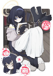  absurdres bags_under_eyes black_hair black_pantyhose blue_archive blue_eyes blue_hairband blush book bookshelf cardigan doodle_sensei_(blue_archive) eyewear_strap feet female flying_sweatdrops glasses grey_cardigan hairband halo highres holding holding_book knees_up lan_mao_akko long_hair long_skirt multiple_views no_shoes pantyhose round_eyewear sensei_(blue_archive) sitting skirt soles sweatdrop toes ui_(blue_archive) white_skirt 