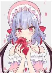  :&lt; alternate_costume alternate_headwear bad_id bad_twitter_id bat_wings beni_kurage blush bow closed_mouth collarbone commentary_request dress eyelashes female fingernails flower frills fur_trim grey_background hat hat_ribbon highres holding holding_flower light_purple_hair looking_at_viewer off-shoulder_dress off_shoulder petals pink_dress pointy_ears puffy_short_sleeves puffy_sleeves red_ribbon remilia_scarlet ribbon short_hair short_sleeves simple_background solo spaghetti_strap standing touhou upper_body wings 