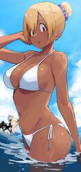  3others arm_behind_head ayatak0517 bare_shoulders bikini blonde_hair blush breasts brown_hair cleavage collarbone dark-skinned_female dark_skin day female groin gyaru hair_between_eyes hair_bun hair_ornament hair_scrunchie halterneck highres komi-san_wa_komyushou_desu looking_at_viewer manbagi_rumiko medium_breasts multiple_others navel ocean outdoors partially_submerged purple_scrunchie scrunchie short_hair side-tie_bikini_bottom sky solo_focus standing string_bikini swimsuit thighs white_bikini 