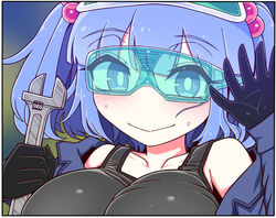  black_gloves black_tank_top blush border breasts bright_pupils closed_mouth commentary_request female gloves holding holding_wrench kawashiro_nitori large_breasts looking_at_viewer off_shoulder portrait purple_hair safety_glasses smile solo sweatdrop tank_top touhou two_side_up waving white_border white_pupils wrench yassy 