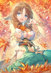  animal_ears autumn autumn_leaves blue_eyes blush breasts brown_hair center_opening cleavage drill_hair falling_leaves female fumirul green_hakama hair_ornament hakama hakama_pants highres hip_vent holding holding_leaf japanese_clothes large_breasts leaf long_hair long_sleeves looking_at_viewer maple_leaf miwabe_sakura open_mouth outdoors pants sitting smile solo tree utawarerumono wariza 