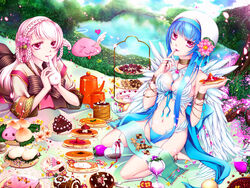  2girls :3 angel_wings angeling anklet bangle baozi barefoot bell berry bikini bikini_bottom_only blue_bikini blue_bow blue_hair bow bra bracelet braid braided_hair_rings brown_dress cake candy candy_cane checkerboard_cookie cherry cherry_blossoms chocolate chocolate_cake chocolate_strawberry commentary_request cookie crown_braid cup dress drinking drinking_straw eating feathered_wings feathers flower food fruit full_body gingerbread_man grass hair_bell hair_flower hair_ornament hair_rings halo heart-shaped_cake heart-shaped_food high_heels hmf_(hydrangea) holding holding_food honey jewelry jingle_bell lake licking licking_finger long_hair long_sleeves longevity_peach_bun looking_at_viewer lying mug multiple_girls on_stomach open_mouth orange_(fruit) pancake parted_lips peach picnic pink_eyes pink_flower pink_hair pink_ribbon pond poring ragnarok_online ribbon sandals shirt sitting slime_(creature) soul_linker_(ragnarok_online) spore_(ragnarok_online) strawberry swimsuit syrup tassel tassel_hair_ornament teapot tiered_tray too_much_food tray underwear unworn_sandals very_long_hair wanderer_(ragnarok_online) wariza white_bra white_headwear white_shirt white_wings wings yellow_flower yule_log_(cake) 