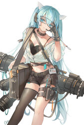  animal_ears aqua_eyes aqua_hair artist_name bad_id bad_pixiv_id belt black_gloves black_pants black_thighhighs bullet choker crop_top female gloves gun handgun hatsune_miku headset highres holster holstered long_hair midriff pants qie short_shorts shorts single_glove single_thighhigh solo thighhighs twintails very_long_hair vocaloid weapon white_background 