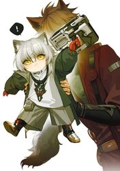  2boys animal_ears aosta_(arknights) arknights bishounen chiave_(arknights) cowboy_shot fingerless_gloves full_body gloves highres jacket junchao male_focus multiple_boys nail_gun red_gloves red_hair red_jacket shoes short_hair shorts tail white_hair wolf_boy wolf_ears wolf_tail yellow_eyes 