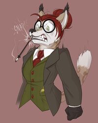  2018 angry anthro blinkpen bridgette_o&#039;shane cigarette cigarette_holder clock clothing cross-popping_vein dipstick_ears dipstick_tail ear_markings eyewear felid feline female glasses gloves green_eyes hair handwear lynx mammal markings multicolored_ears necktie pocketwatch red_hair sharp_teeth solo suit tail tail_markings teeth three_piece_suit watch 