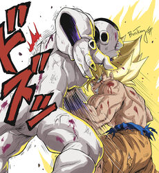  2boys aura battle blood bosstseng bulging_eyes clenched_teeth commentary_request dragon_ball dragon_ball_z eye_pop frieza male_focus motion_lines multiple_boys muscular muscular_male open_mouth punching signature son_goku super_saiyan super_saiyan_1 tail teeth topless_male torn_clothes veins 