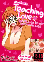  adjusting_eyewear between_breasts black-framed_eyewear blush breasts brown_hair cleavage commentary cover cover_page curly_hair doujin_cover english_commentary english_text fake_cover female floral_print german_text glasses green_eyes heart heart_background highres huge_breasts jewelry mathilde_(murgoten) medium_hair murgoten narrow_waist necklace open_mouth original pendant pink_background print_skirt round_eyewear sexually_suggestive skirt smile solo translated 