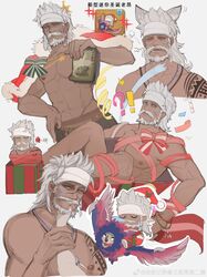  !? 1boy abs absurdres animal_ears bara beard bird box braid cat_boy cat_ears cat_tail chibi chibi_inset christmas cropped_torso dark-skinned_male dark_skin facial_hair facial_mark final_fantasy final_fantasy_xiv gift gift_box gift_wrapping guided_petting headband highres hyur kemonomimi_mode large_pectorals lyon_rem_helsos male_focus mature_male moustache muscular muscular_male naked_ribbon nipples notesonlyonpii old old_man pectorals pov pov_hands ribbon riding riding_bird santa_costume scar scar_on_face scar_on_nose short_hair side_braid sideburns single_braid smile squeans stomach stroking_beard tail topless_male tribal white_headband yawning 