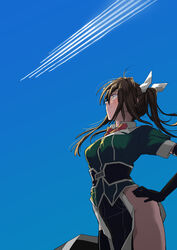  aircraft black_gloves breasts brown_hair contrail day elbow_gloves female from_side gloves hair_ribbon hand_on_own_hip highres kantai_collection long_hair medium_breasts no_panties outdoors pelvic_curtain profile ribbon short_sleeves single_elbow_glove sky smile solo tone_(kancolle) tone_kai_ni_(kancolle) twintails white_ribbon yami_(m31) 