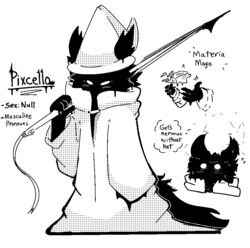  2021 4_fingers anthro black_and_white black_body black_fur clothing english_text fingers fur furgonomic_headwear furgonomics goo_creature hat headgear headwear holding_pike magic magic_user male model_sheet monochrome pike_(weapon) pixcello pixcello_(character) prick_ears robe shaded solo text white_clothing white_eyes white_robe wizard_hat 