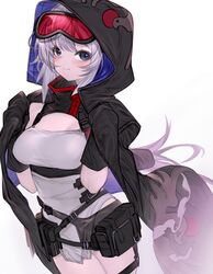  arknights blue_eyes breasts cloak female goggles goggles_on_head grey_hair highres hood hood_up hooded_cloak kochiya_(gothope) leotard long_hair medium_breasts mulberry_(arknights) open_cloak open_clothes red-tinted_eyewear solo tinted_eyewear two-tone_cloak white_hair 