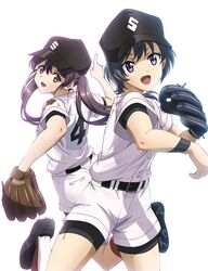  2girls baseball baseball_bat baseball_cap baseball_jersey baseball_mitt baseball_uniform belt bike_shorts bike_shorts_under_shorts black_footwear blue_hair clothes_writing fujita_sumire gloves hat helmet highres jersey kawasaki_ryou kikuta_kouichi long_hair multiple_girls official_art open_mouth pointing purple_eyes purple_hair red_legwear short_hair short_sleeves shorts simple_background smile sportswear standing tamayomi twintails uniform white_background white_legwear wristband 