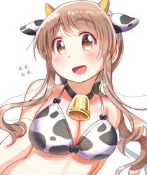  :d animal_ears animal_print bare_arms bare_shoulders bell bikini black_collar blush breasts brown_eyes brown_hair chinese_zodiac cleavage collar commentary_request cow_ears cow_horns cow_print cow_print_bikini cowbell fake_animal_ears fake_horns female floating_hair flying_sweatdrops happy horns large_breasts long_hair looking_at_viewer matsumoto_yoriko neck_bell open_mouth print_bikini simple_background smile solo swimsuit tatsunokosso thick_eyebrows upper_body white_background year_of_the_ox yuyushiki 