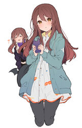  2girls :d bad_id bad_twitter_id bag blue_jacket blush brown_eyes brown_hair cellphone closed_eyes cropped_legs dress grey_dress grey_pants heart holding holding_phone hood hooded_jacket idolmaster idolmaster_shiny_colors ikeuchi_tanuma jacket long_hair long_sleeves looking_at_viewer multiple_girls open_clothes open_jacket open_mouth osaki_amana osaki_tenka own_hands_together pants parted_lips phone purple_jacket short_dress shoulder_bag siblings simple_background sisters smartphone smartphone_case smile twins white_background 