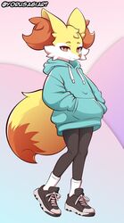  2023 anthro black_clothing black_footwear blue_clothing blue_hoodie blue_topwear braixen canid canine clothed clothing dipstick_tail footwear fur generation_6_pokemon hand_in_pocket hands_in_both_pockets hi_res hoodie mammal markings multicolored_body multicolored_fur nintendo pockets pokemon pokemon_(species) shoes sneakers socks solo tail tail_markings topwear two_tone_tail white_body white_clothing white_footwear white_fur white_socks yellow_body yellow_fur yellow_tail yorusagi 