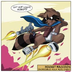  1:1 anthro blue_cape blue_clothing boots brynk_(artist) cape clothing english_text flying footwear guardians_of_the_galaxy hi_res laser_gun male mammal marvel metal_boots procyonid raccoon ranged_weapon rocket_boots rocket_raccoon silver_boots solo text weapon 