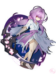  barefoot duel_monster falling_petals female full_body ghost_reaper_&amp;_winter_cherries holding holding_scythe japanese_clothes kimono long_hair low_twintails mochi_curry petals pink_hair red_eyes scythe signature solo torn_clothes twintails walking yu-gi-oh! yukata 