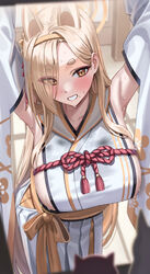  animal_ears armpits arms_behind_head arms_up bare_shoulders blonde_hair blue_archive blush breasts collarbone commentary detached_sleeves eyeliner female fox_ears grin halo highres japanese_clothes kaho_(blue_archive) kimono large_breasts long_hair makeup mole mole_under_mouth parted_bangs rope sash shocho short_eyebrows sideboob sideless_kimono sleeveless sleeveless_kimono smile solo sweat white_kimono wide_sleeves yellow_eyes 