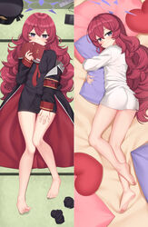  ass bare_legs barefoot bed_sheet blue_archive book collared_shirt commentary dakimakura_(medium) english_commentary feet female grey_eyes hair_between_eyes halo handheld_game_console hat heart heart-shaped_pillow highres holding holding_book hugging_object iroha_(blue_archive) kneepits kurisu-kun legs long_hair long_sleeves looking_at_viewer lying necktie on_back on_side peaked_cap pencil_skirt pillow pillow_hug red_hair school_uniform shirt sidelocks skirt soles spread_toes tatami toenails toes unworn_hat unworn_headwear wavy_mouth 