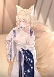  animal_ear_fluff animal_ears blonde_hair blurry blurry_background blush bra breasts cleavage closed_mouth collarbone dress female fox_ears fox_tail frilled_sleeves frills highres large_breasts long_sleeves multiple_tails sarasadou_dan short_hair solo tail touhou underwear white_bra white_dress wide_sleeves yakumo_ran yellow_eyes 