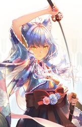  ahoge animal_ears applefootcz arm_over_head bell blue_hair blue_nails cat_ears cat_tail closed_mouth drawing_sword eyelashes female fingernails floral_print hakama hakama_skirt highres holding holding_sheath holding_sword holding_weapon hololive japanese_clothes katana kimono long_hair looking_at_viewer low_twintails multicolored_hair nail_polish obi official_alternate_hairstyle sash sheath skirt solo streaked_hair sword tail tail_bell tail_ornament tassel tsurime twintails twitter_username unsheathed virtual_youtuber weapon white_background yagasuri yellow_eyes yukihana_lamy yukihana_lamy_(new_year) 