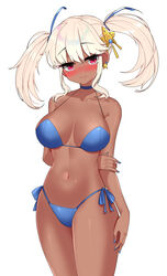  absurdres arm_behind_back bad_id bad_pixiv_id bare_arms bare_shoulders bikini blue_bikini blue_choker blue_nails blush choker commentary cowboy_shot dark-skinned_female dark_skin earrings female hair_ornament hair_ribbon highleg highleg_bikini highres jewelry long_hair looking_at_viewer magician_(fire_poison) maplestory nail_polish navel nose_blush oerba_yun_fang red_eyes ribbon side-tie_bikini_bottom sidelocks simple_background smile solo stomach string_bikini swimsuit symbol-only_commentary thighs twintails w.k white_background white_hair 