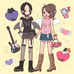  2girls :d animal_print bag bag_charm belt black_eyes black_footwear black_hair black_nails black_wings blush_stickers boots bow brown_footwear brown_hair butterfly_print cellphone cellphone_charm charm_(object) choker cross cross_earrings earrings fashion fishnets flip_phone garter_straps grey_shorts guitar guriming handbag heart highres holding_hands instrument jewelry komatsu_nana lineup long_hair multiple_girls my_melody nana_(series) necklace neko_atsume onegai_my_melody osaki_nana phone pink_bow ponytail ring sanrio shirt short_hair short_shorts shorts skirt sleeveless smile standing studded_belt studded_choker t-shirt white_wings wings wrist_bow wristband yellow_background 