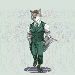  1:1 2022 anthro belt_accessory boots brown_hair business_suit canid canine classy clock clothed clothing colored corsac_fox digital_media_(artwork) dress_shirt eyewear footwear fox front_view fully_clothed fur glasses grey_body grey_fur hair hands_in_both_pockets harness hi_res inner_ear_fluff looking_at_viewer male mammal mnesis necktie pose pupils rolled_up_sleeves shirt slit_pupils solo suit super-nova swaggy_tamago tail topwear true_fox tuft vest walking watch whiskers wristwatch 