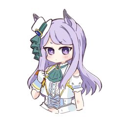  animal_ears ascot bare_shoulders blush closed_mouth clothing_cutout cropped_torso female gloves green_ascot hand_up hat holding horse_ears horse_girl jacket long_hair looking_at_viewer mejiro_mcqueen_(end_of_sky)_(umamusume) mejiro_mcqueen_(umamusume) mini_hat mini_top_hat nozo_(hitomiz) official_alternate_costume puffy_short_sleeves puffy_sleeves purple_eyes purple_hair shirt short_eyebrows short_sleeves shoulder_cutout simple_background solo thick_eyebrows tilted_headwear top_hat umamusume upper_body very_long_hair white_background white_gloves white_hat white_jacket white_shirt 