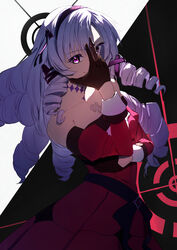  bare_shoulders black_background black_hairband black_ribbon breasts collarbone cowboy_shot detached_sleeves dress drill_hair female gloves hair_ribbon hairband highres hyakumantenbara_salome hyakumantenbara_salome_(1st_costume) jojo_pose leaning_to_the_side long_hair looking_at_viewer nayotaka nijisanji purple_eyes purple_hair red_dress ribbon smile solo strapless strapless_dress tattoo virtual_youtuber white_background 