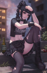  baldur&#039;s_gate baldur&#039;s_gate_3 black_collar black_hair black_thighhighs blurry blurry_background bracelet breasts cigarette circlet collar contemporary crop_top cropped_jacket cropped_shirt deez_nuts_(meme) dungeons_&amp;_dragons elf eyeshadow female goth_fashion green_eyes highres holding holding_cigarette jacket jewelry lifelover_(band) lips long_hair looking_at_viewer makeup medium_breasts meme midriff multi-tied_hair navel open_clothes open_jacket personal_ami plaid plaid_skirt pleated_skirt pointy_ears runny_makeup scar scar_on_face shadowheart_(baldur&#039;s_gate) shirt sitting skirt sleeveless sleeveless_jacket smoke smoking solo spiked_bracelet spikes t-shirt thighhighs torn_clothes torn_thighhighs 