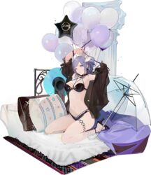  arms_up balloon bikini black_bikini black_footwear bow breasts female full_body hairbow high_heels iron_saga medium_breasts midriff nineo official_art parted_lips pillar pillow purple_eyes purple_hair side_ponytail sitting solo speaker star_balloon swimsuit teresa_(iron_saga) third-party_source transparent_background umbrella white_bow 