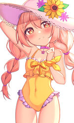  absurdres arm_up bare_arms bare_shoulders blush braid breasts brown_eyes casual_one-piece_swimsuit choker collarbone commentary covered_navel cowboy_shot female flower frilled_one-piece_swimsuit frills hair_between_eyes hand_on_headwear hat hat_flower highres light_brown_hair long_hair looking_at_viewer one-piece_swimsuit onii-chan_wa_oshimai! oyama_mahiro purple_choker rooby_n scrunchie simple_background small_breasts solo straw_hat sun_hat swimsuit symbol-only_commentary thigh_gap twin_braids wavy_mouth white_background wrist_scrunchie yellow_one-piece_swimsuit 