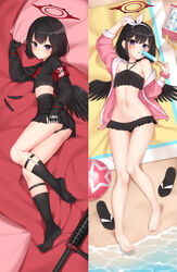  anzio_ironworks_20mm_rifle arm_up armband bare_legs barefoot beach beach_mat bed_sheet bikini black_bikini black_feathers black_gloves black_hair black_serafuku black_skirt black_socks black_wings blue_archive bottle collarbone commentary cooler dakimakura_(medium) english_commentary feathered_wings feathers feet female fingerless_gloves flip-flops food frilled_bikini frills full_body gloves hair_between_eyes hairband halo highres holding hood hooded_jacket jacket kneehighs knees_together_feet_apart kurisu-kun long_sleeves looking_at_viewer lying mashiro_(blue_archive) mashiro_(swimsuit)_(blue_archive) navel ocean official_alternate_costume on_back on_side open_clothes open_jacket pillow pink_jacket plastic_bottle pleated_skirt popsicle purple_eyes sandals school_uniform serafuku short_hair sidelocks skirt sleeveless socks stomach swimsuit toes unworn_sandals water_bottle wings 