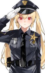  absurdres alternate_costume aogisa bad_id bad_twitter_id blonde_hair commentary_request female girls&#039;_frontline gloves hat highres holster long_hair m870_(girls&#039;_frontline) necktie police police_badge police_hat police_uniform policewoman radio red_eyes salute solo twintails uniform white_background 