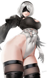  2b_(nier:automata) artist_name black_blindfold black_footwear black_gloves black_hairband black_leotard black_thighhighs blindfold breasts cleavage cleavage_cutout closed_mouth clothing_cutout commentary_request covered_eyes cowboy_shot easonx facing_viewer feathers female gloves grey_hair hairband highleg highleg_leotard highres juliet_sleeves large_breasts leotard long_sleeves mole mole_under_mouth nier:automata nier_(series) puffy_sleeves short_hair simple_background solo thighhighs two-tone_leotard variant_set white_background white_leotard 