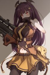  bare_shoulders belt black_gloves black_pantyhose blush breasts bullpup covering_own_mouth cowboy_shot female girls&#039;_frontline gloves gun hairband highres holding holding_gun holding_weapon jack-o&#039;-lantern long_hair looking_at_viewer medium_breasts navel necktie official_alternate_costume pantyhose purple_hair red_eyes rifle shade shirt skirt sleeveless sleeveless_shirt sniper_rifle solo tai_san_ps4 wa2000_(girls&#039;_frontline) wa2000_(haunted_castle)_(girls&#039;_frontline) walther walther_wa_2000 weapon yellow_necktie yellow_skirt 