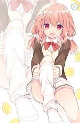  :d bow brown_jacket collared_shirt commentary dress_shirt female hair_between_eyes hair_ornament hair_scrunchie highres jacket kneehighs long_hair looking_at_viewer loose_socks low_twintails no_shoes open_clothes open_jacket original pink_hair pleated_skirt purinpurin red_bow red_eyes scrunchie shirt sitting skirt smile socks solo sweater_vest twintails white_scrunchie white_shirt white_skirt x_hair_ornament zoom_layer 