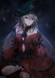  absurdres aqua_eyes arknights ascot black_ascot bow breasts clothing_cutout detached_sleeves dress female grey_hair hat hat_ornament headgear highres kiyakyuu kneeling long_hair long_sleeves looking_at_viewer medium_breasts navel navel_cutout night night_sky official_alternate_costume red_bow red_dress red_eyes red_sleeves skadi_(arknights) skadi_the_corrupting_heart_(arknights) sky solo star_(sky) starry_sky very_long_hair 