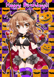  animal_ears apple bat_(animal) bat_ears bikini black_bikini black_cape black_gloves black_ribbon black_wings bow bow_bikini breasts brown_eyes brown_hair cape checkered_background closed_mouth commentary cowboy_shot english_text female food frilled_bikini frills front-tie_bikini_top front-tie_top fruit girls_und_panzer gloves hair_ribbon halloween halloween_costume happy_birthday head_wings holding holding_food holding_fruit holding_staff jack-o&#039;-lantern kuromori_yako long_hair looking_at_viewer navel one_side_up purple_thighhighs red_cape ribbon shimada_arisu small_breasts smile solo sparkle staff standing star_(symbol) swimsuit thighhighs two-sided_cape two-sided_fabric wings 