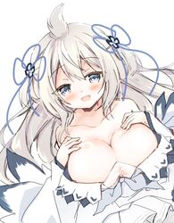  :d ahoge alternate_breast_size azur_lane bare_shoulders blush breasts brown_hair cleavage collarbone commentary dress female grey_eyes hair_between_eyes hands_up highres large_breasts long_hair long_sleeves looking_at_viewer off-shoulder_dress off_shoulder purinpurin simple_background sleeves_past_wrists smile solo two_side_up umikaze_(azur_lane) white_background white_dress 