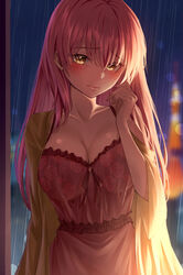  blush breasts cleavage collarbone earrings female floral_print frills highres hotel_room idolmaster idolmaster_cinderella_girls idolmaster_cinderella_girls_starlight_stage indoors jewelry jougasaki_mika large_breasts long_hair looking_at_viewer nightgown pink_hair rain revision sleepwear solo yoshimoto_(carpsukidayo) 