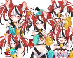  animal_ears bare_shoulders black_gloves blowing_kiss closed_eyes collar commentary crop_top dice_hair_ornament female gloves hair_ornament hakos_baelz hakos_baelz_(1st_costume) heart heart_hands highres hololive hololive_english inapple looking_at_viewer midriff mouse_ears mouse_girl multiple_views off-shoulder_shirt off_shoulder parody shirt shrugging single_glove spiked_collar spikes strapless strapless_shirt umamusume umapyoi_densetsu virtual_youtuber 