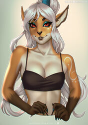  2022 anthro black_nose bra breasts brown_body cervine clothed clothing colored_nails deer digital_media_(artwork) etskuni eyebrows eyelashes female hair hi_res long_hair looking_at_viewer mammal nails red_eyes smile smile-eleb solo underwear white_body white_hair 