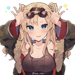  :d bad_id bad_twitter_id blonde_hair blue_eyes breasts cleavage closed_mouth eyewear_on_head female fur_trim granblue_fantasy green_jacket hands_up ikeuchi_tanuma jacket large_breasts long_sleeves looking_at_viewer open_clothes open_jacket open_mouth smile solo star_(symbol) sunglasses twintails twitter_username upper_body white_background zeta_(dark)_(granblue_fantasy) zeta_(granblue_fantasy) 